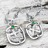 Rimac River "Good Luck" Spanish 1/2 Reale "Piece of Eight" Sterling Silver with Emerald Earrings