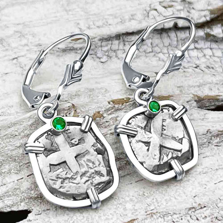 Rimac River "Good Luck" Spanish 1/2 Reale "Piece of Eight" Sterling Silver with Emerald Earrings