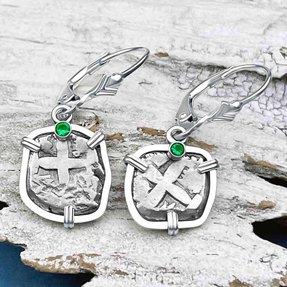 Rimac River "Good Luck" Spanish 1/2 Reale "Piece of Eight" Sterling Silver with Emerald Earrings