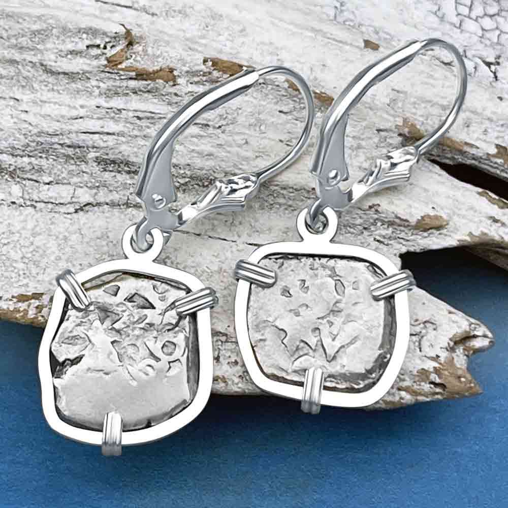 Rimac River "Good Luck" Spanish 1/2 Reale "Piece of Eight" Sterling Silver with Emerald Earrings