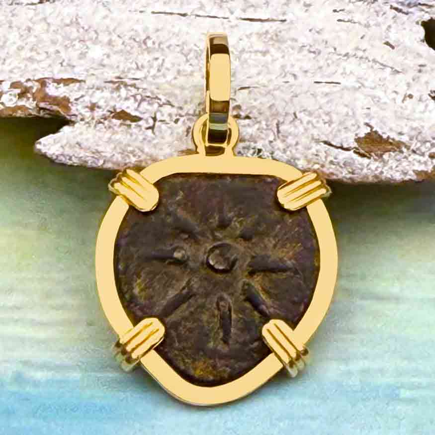 Rare Heart Shaped Top Grade Biblical Widow&#39;s Mite in 14K Gold Pendant