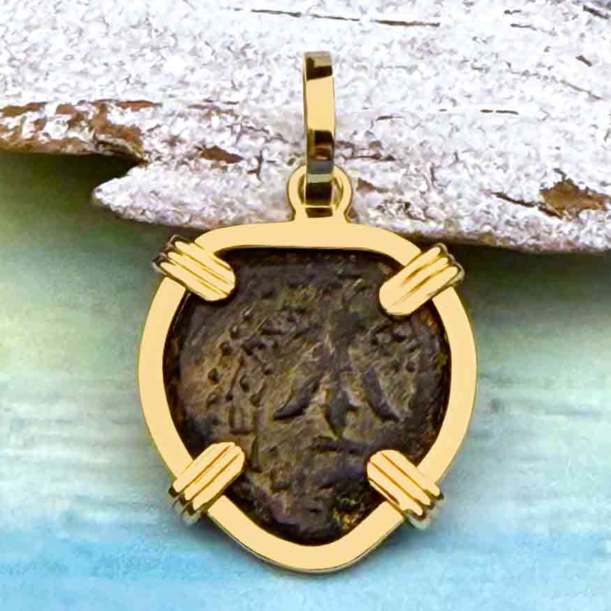 Rare Heart Shaped Top Grade Biblical Widow&#39;s Mite in 14K Gold Pendant