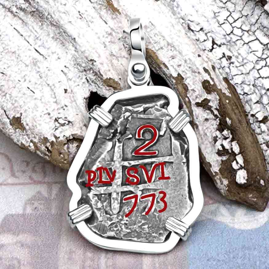 Pirate Era 1773 Spanish 2 Reale &quot;Piece of Eight&quot; Sterling Silver Pendant