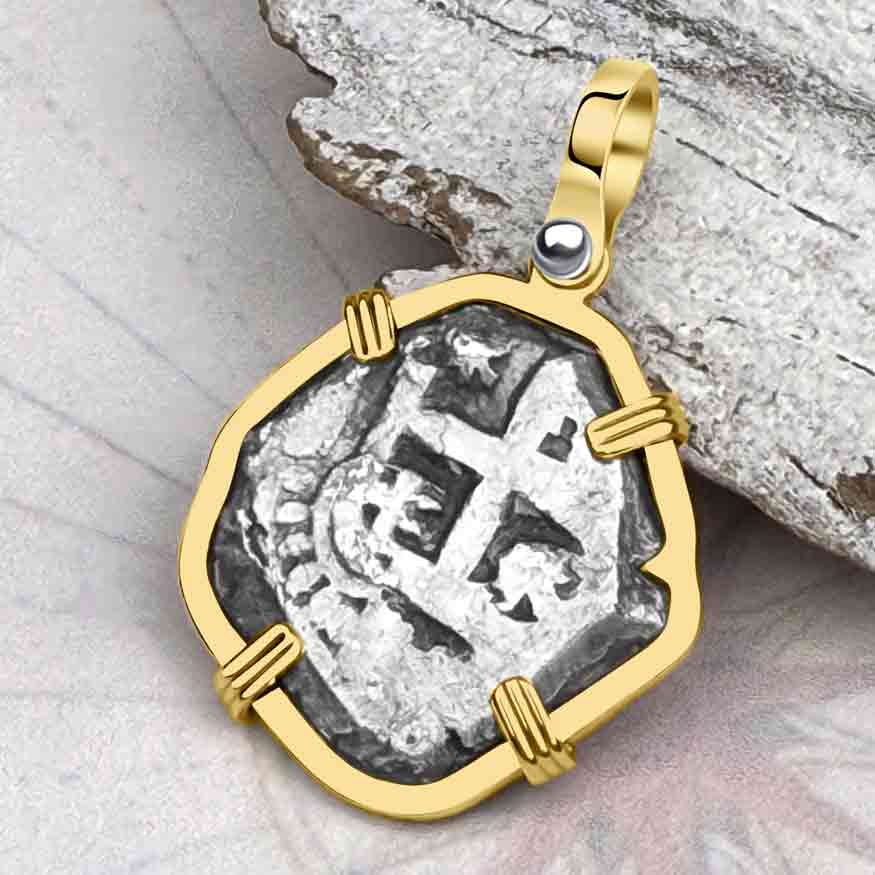 Pirate Era 1758 Spanish 2 Reale &quot;Piece of Eight&quot; 14K Gold Pendant