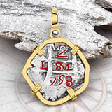 Pirate Era 1758 Spanish 2 Reale "Piece of Eight" 14K Gold Pendant