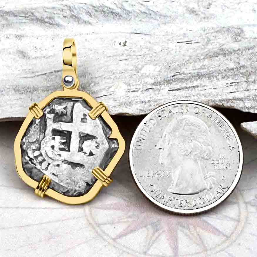 Pirate Era 1758 Spanish 2 Reale &quot;Piece of Eight&quot; 14K Gold Pendant