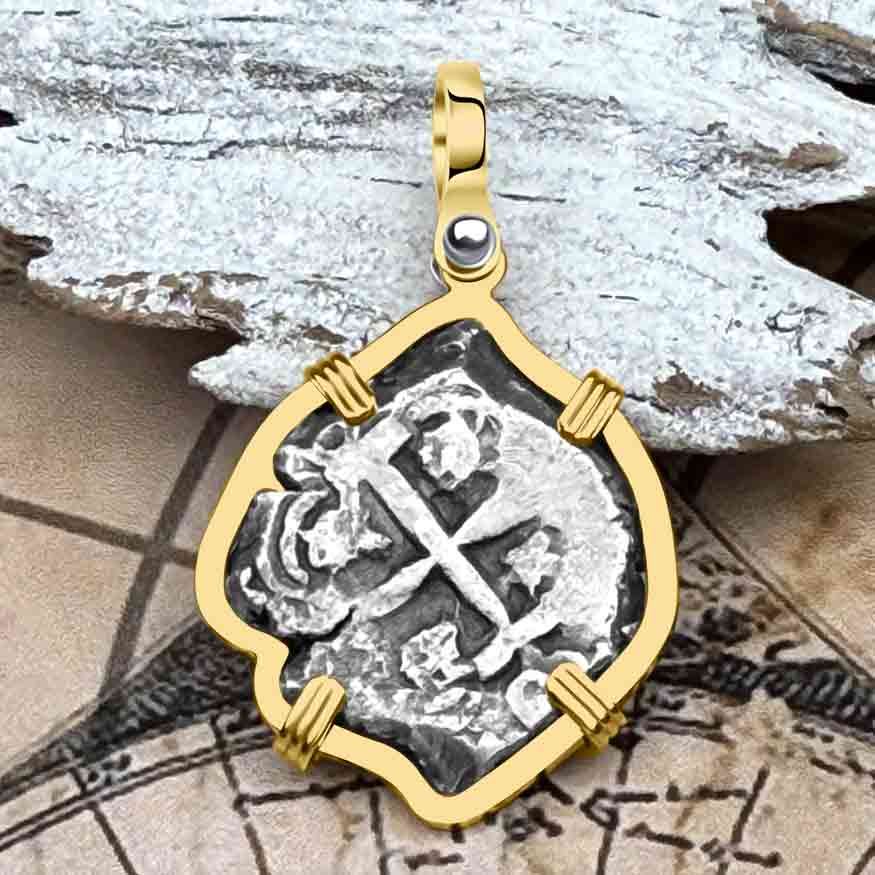 Pirate Era 1755 Spanish 2 Reale &quot;Piece of Eight&quot; 14K Gold Pendant 