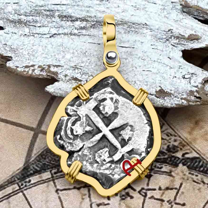 Pirate Era 1755 Spanish 2 Reale &quot;Piece of Eight&quot; 14K Gold Pendant 