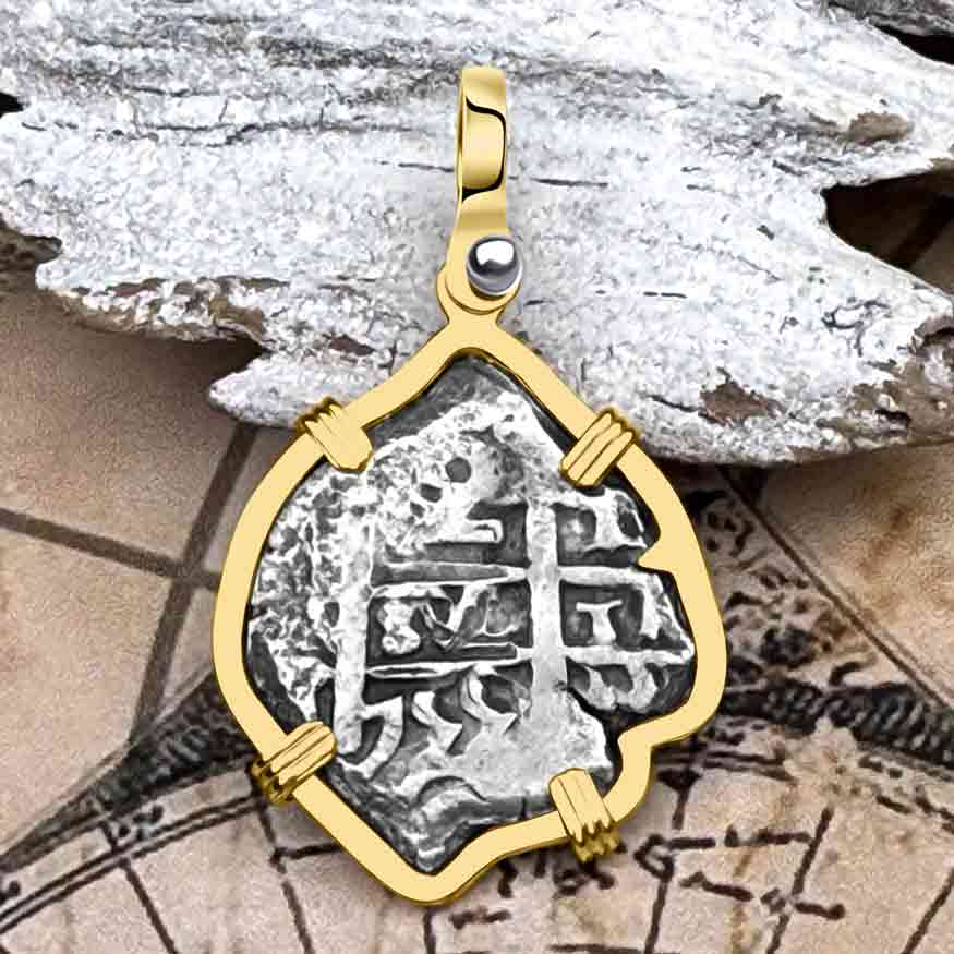 Pirate Era 1755 Spanish 2 Reale &quot;Piece of Eight&quot; 14K Gold Pendant 