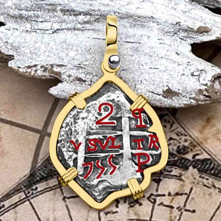 Pirate Era 1755 Spanish 2 Reale &quot;Piece of Eight&quot; 14K Gold Pendant 