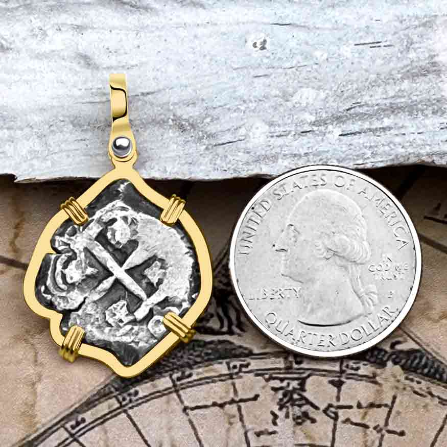 Pirate Era 1755 Spanish 2 Reale &quot;Piece of Eight&quot; 14K Gold Pendant 