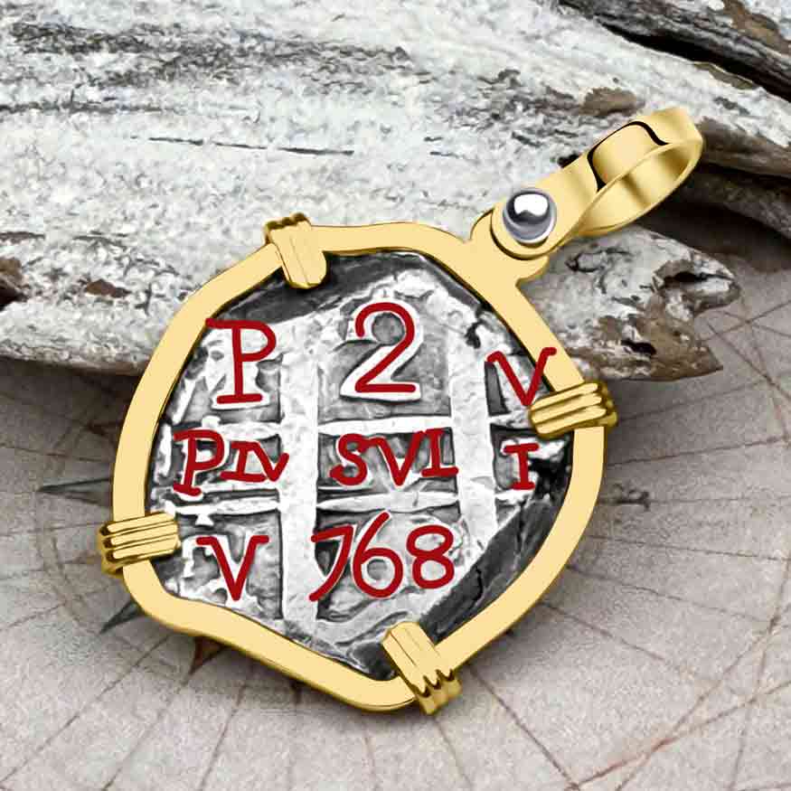 Pirate Era 1768 Spanish 2 Reale &quot;Piece of Eight&quot; 14K Gold Pendant