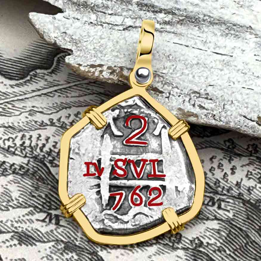 Pirate Era 1762 Spanish 2 Reale &quot;Piece of Eight&quot; 14K Gold Pendant