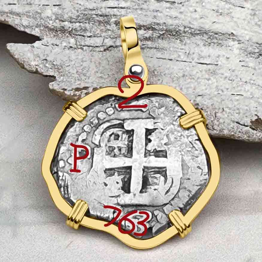 Pirate Era 1763 Spanish 2 Reale &quot;Piece of Eight&quot; 14K Gold Pendant 