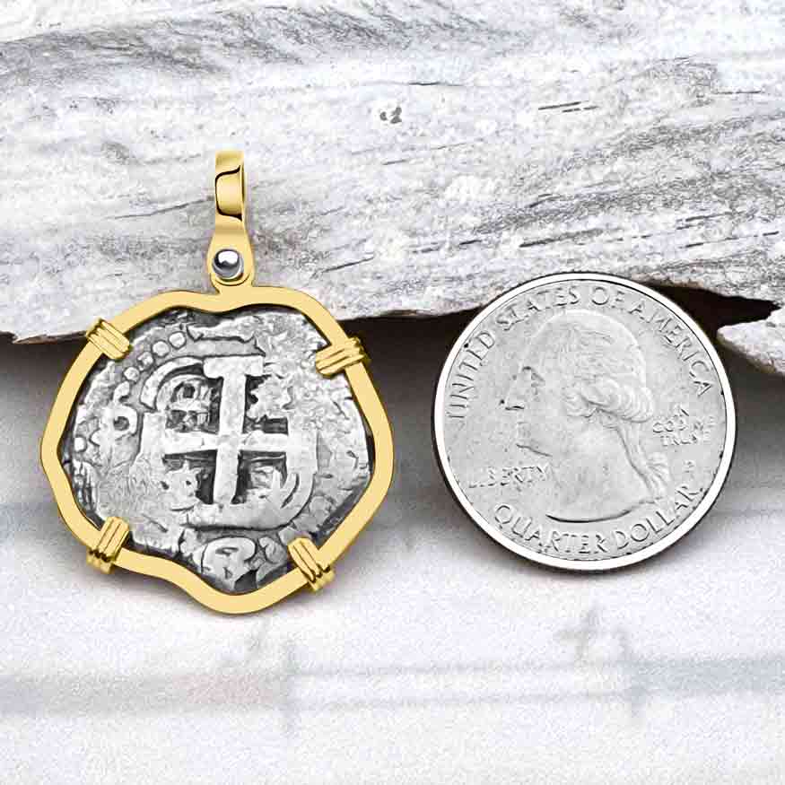 Pirate Era 1763 Spanish 2 Reale &quot;Piece of Eight&quot; 14K Gold Pendant 