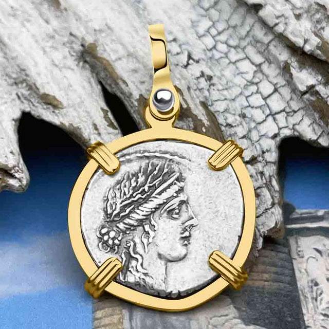 Roman Republic Silver Denarius 48 BC Pietas & Victory 14K Gold Pendant