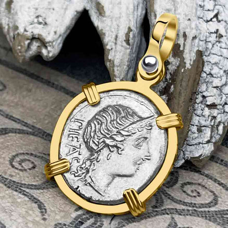Roman Republic Silver Denarius 108 BC Pietas 14K Gold Pendant 