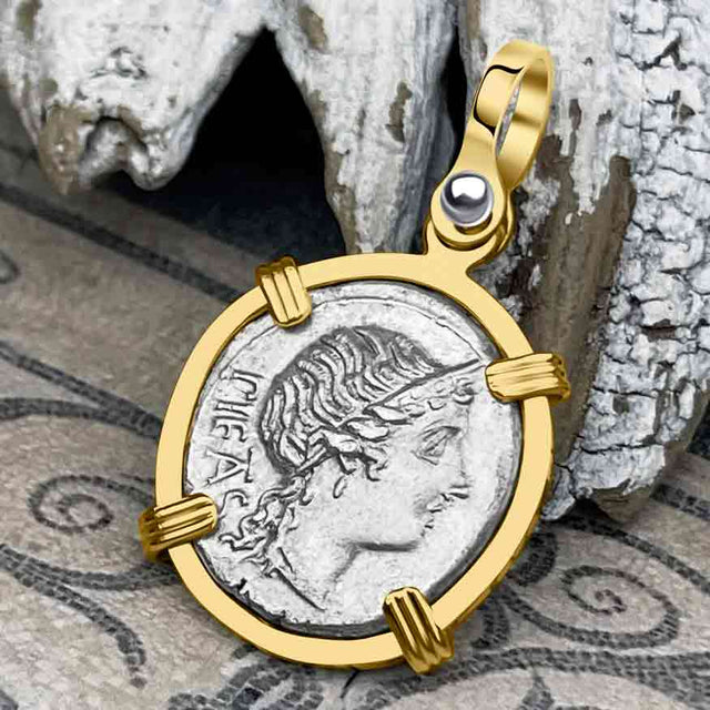Roman Republic Silver Denarius 108 BC Pietas 14K Gold Pendant 