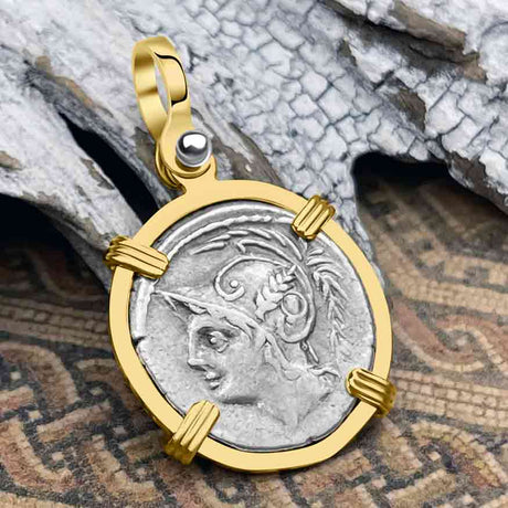 Roman Republic Silver Denarius 103 BC Mars and the Warriors 14K Gold Pendant