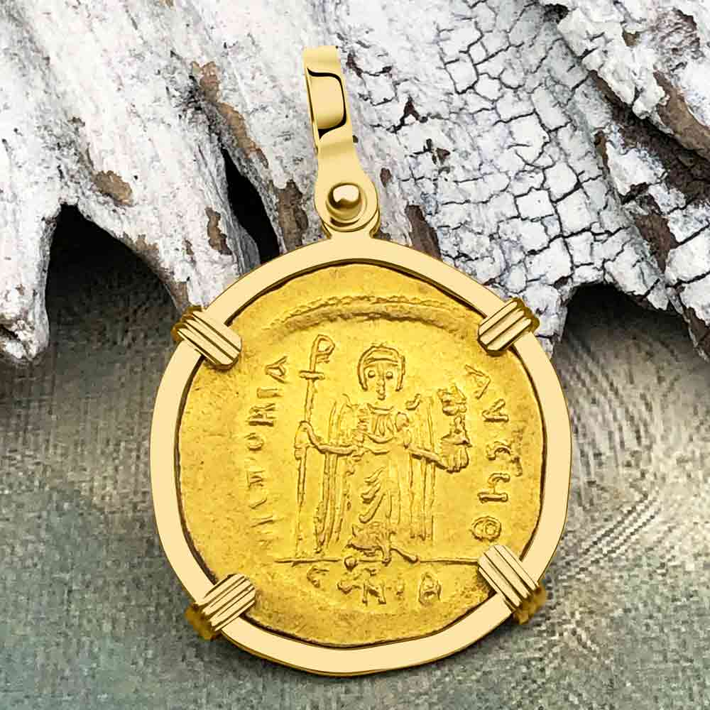 Byzantine Empire 24K Gold Angel Solidus Coin Circa 607 AD in 18K Gold Pendant