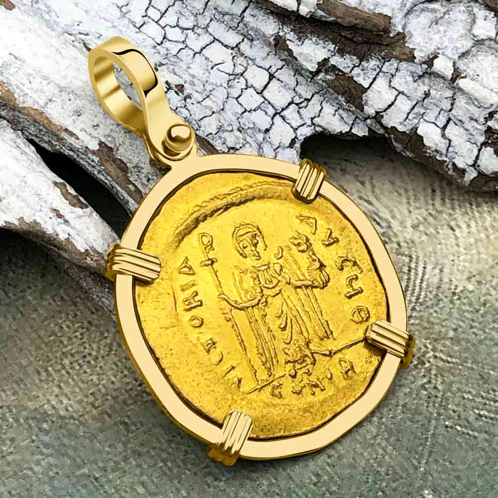 Byzantine Empire 24K Gold Angel Solidus Coin Circa 607 AD in 18K Gold Pendant