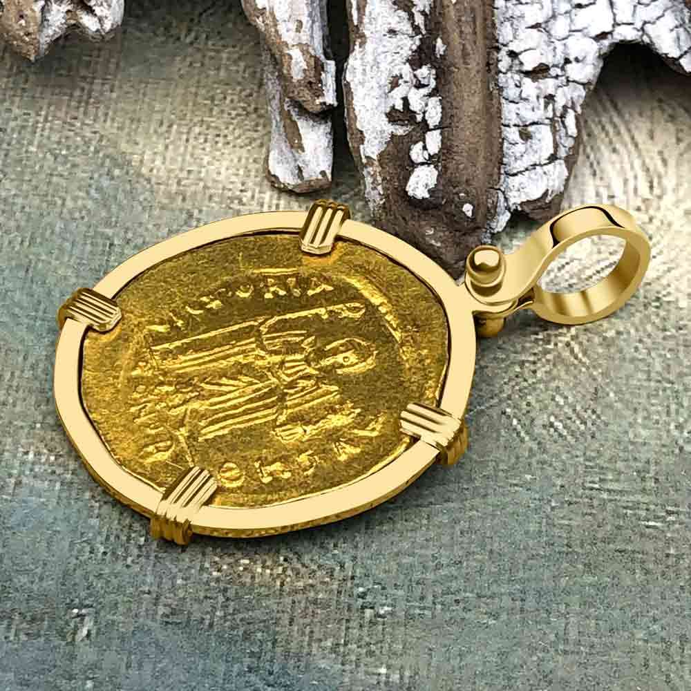 Byzantine Empire 24K Gold Angel Solidus Coin Circa 607 AD in 18K Gold Pendant