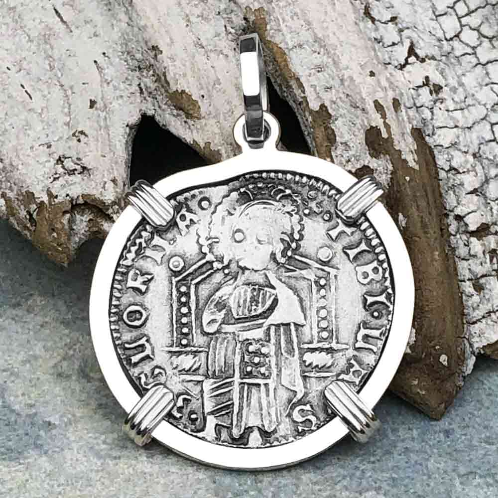 Venetian Jesus Christ Glory, Devotion &amp; Courage Silver 1390 Grosso Coin Sterling Silver Pendant