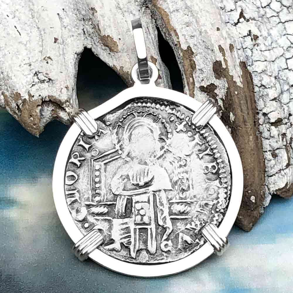 Venetian Jesus Christ Glory, Devotion &amp; Courage Silver 1390 Grosso Coin Sterling Silver Pendant