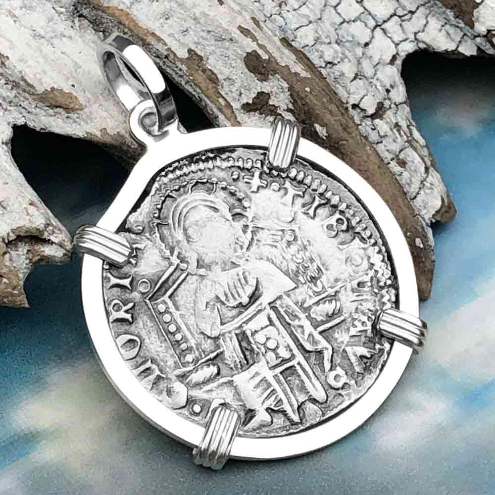 Venetian Jesus Christ Glory, Devotion &amp; Courage Silver 1390 Grosso Coin Sterling Silver Pendant