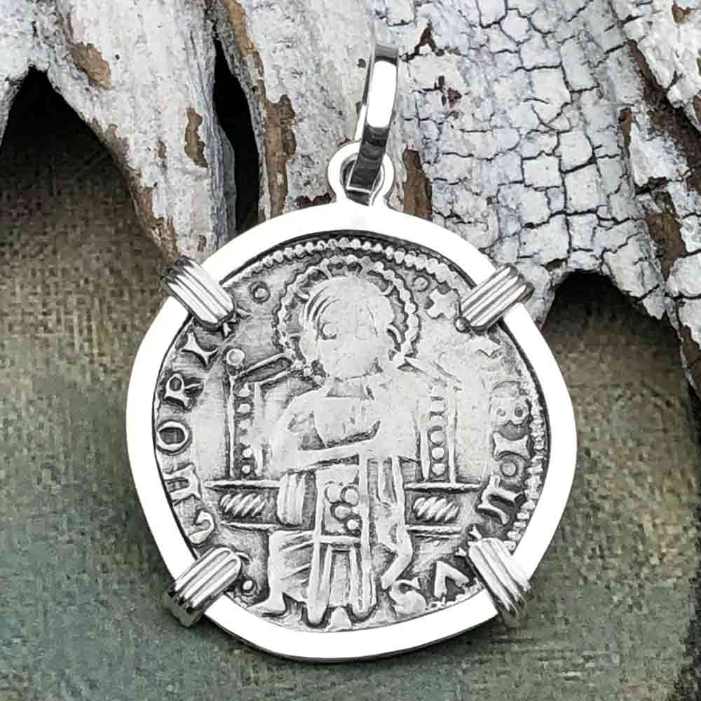 Venetian Jesus Christ Glory, Devotion &amp; Courage Silver 1390 Grosso Coin Sterling Silver Pendant