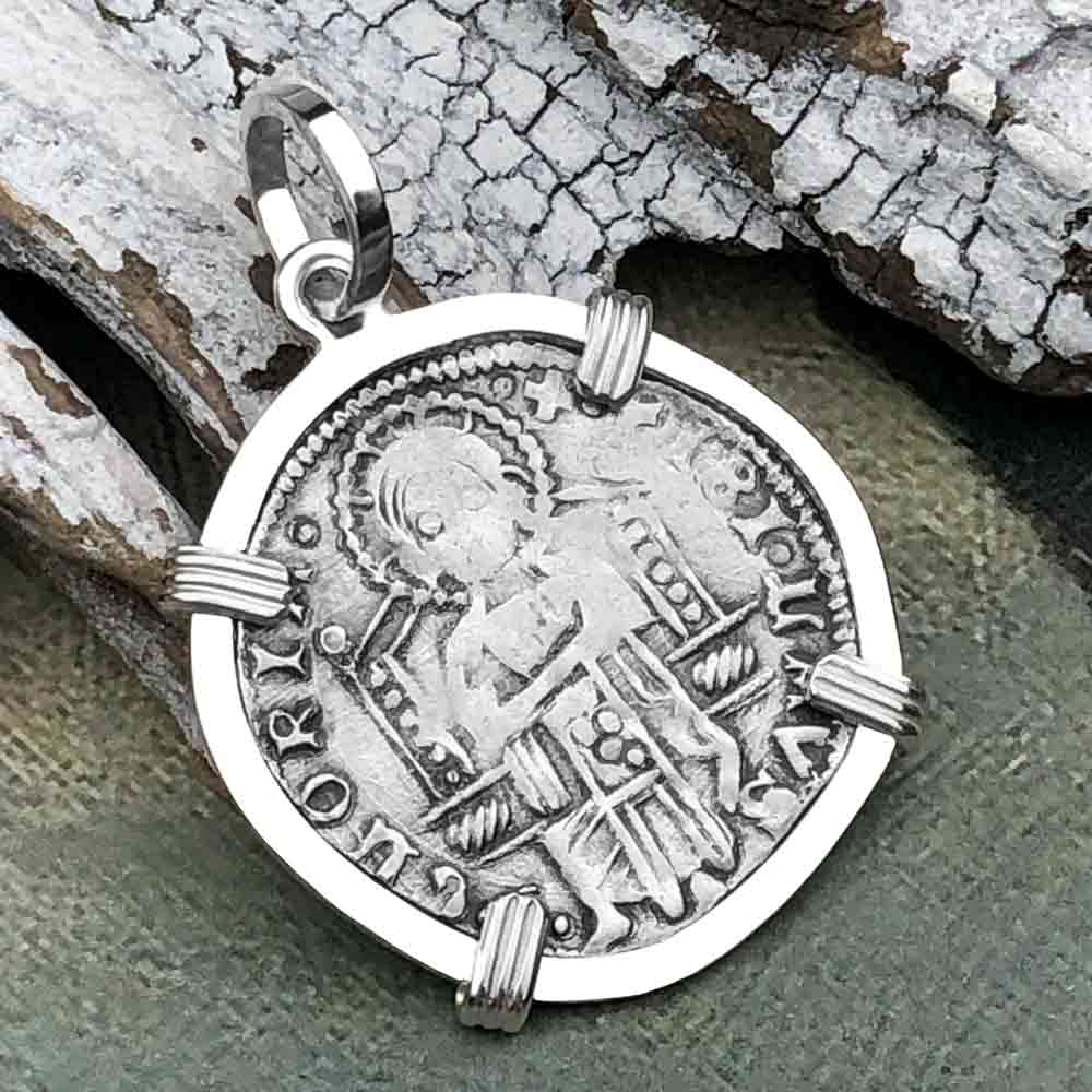 Venetian Jesus Christ Glory, Devotion &amp; Courage Silver 1390 Grosso Coin Sterling Silver Pendant