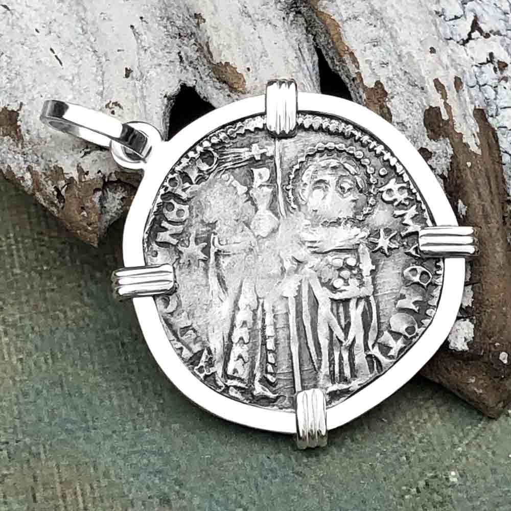 Venetian Jesus Christ Glory, Devotion &amp; Courage Silver 1390 Grosso Coin Sterling Silver Pendant