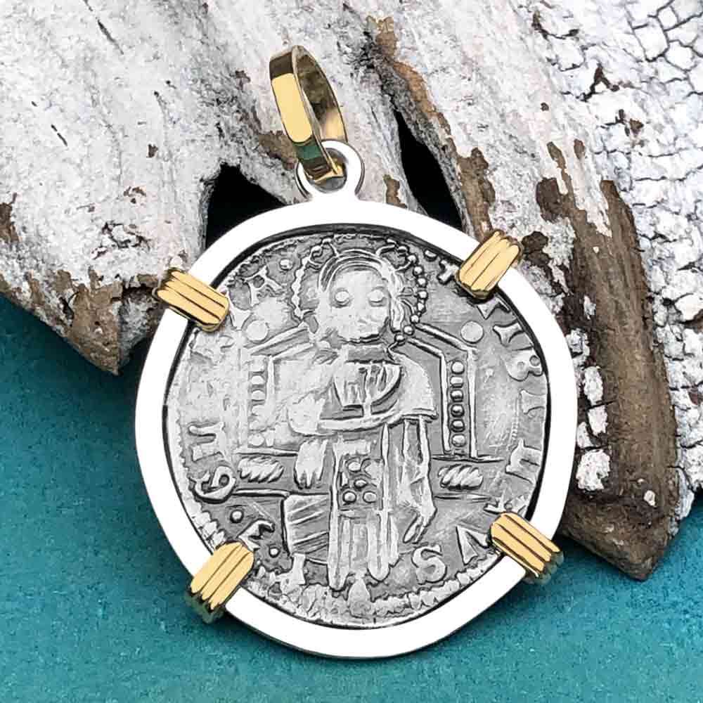 Venetian Jesus Christ Glory, Devotion &amp; Courage Silver 1390 Grosso Coin 14K Gold and Sterling Silver Pendant