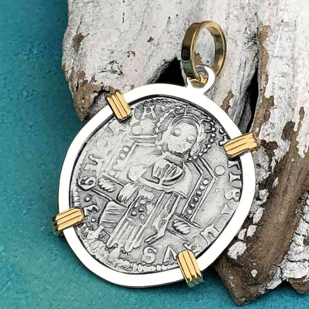 Venetian Jesus Christ Glory, Devotion &amp; Courage Silver 1390 Grosso Coin 14K Gold and Sterling Silver Pendant