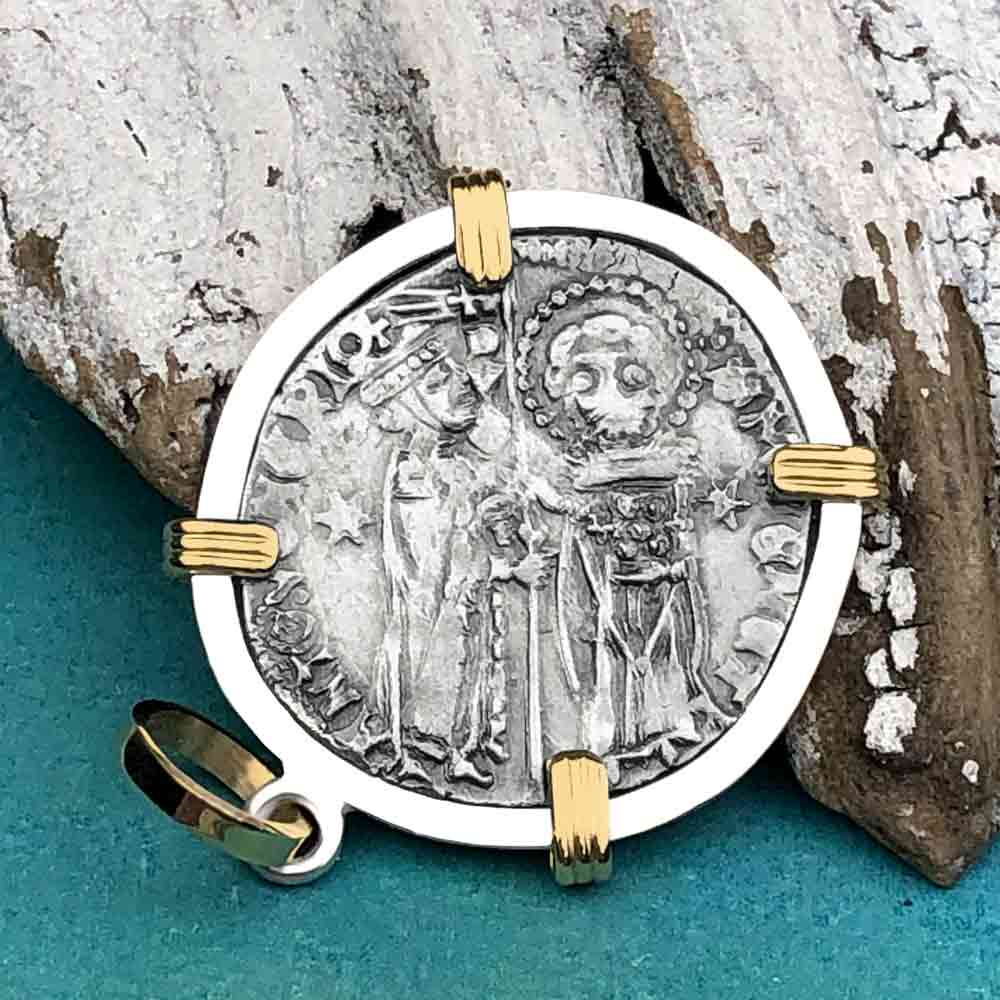 Venetian Jesus Christ Glory, Devotion &amp; Courage Silver 1390 Grosso Coin 14K Gold and Sterling Silver Pendant