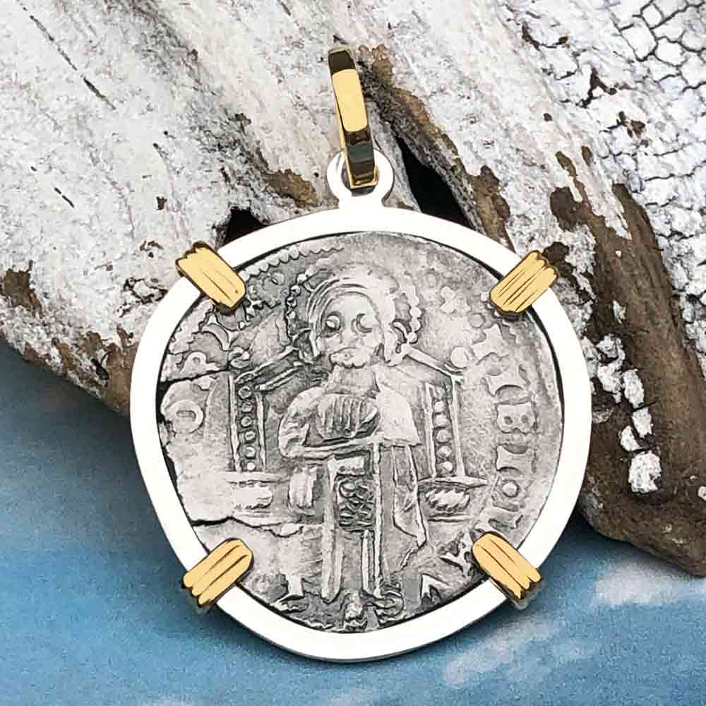 Venetian Jesus Christ Glory, Devotion &amp; Courage Silver 1390 Grosso Coin 14K Gold and Sterling Silver Pendant