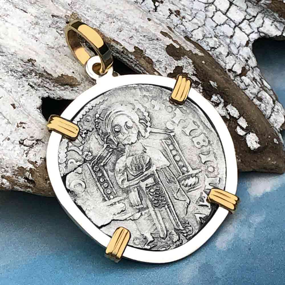 Venetian Jesus Christ Glory, Devotion &amp; Courage Silver 1390 Grosso Coin 14K Gold and Sterling Silver Pendant