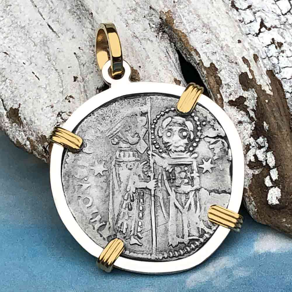 Venetian Jesus Christ Glory, Devotion &amp; Courage Silver 1390 Grosso Coin 14K Gold and Sterling Silver Pendant