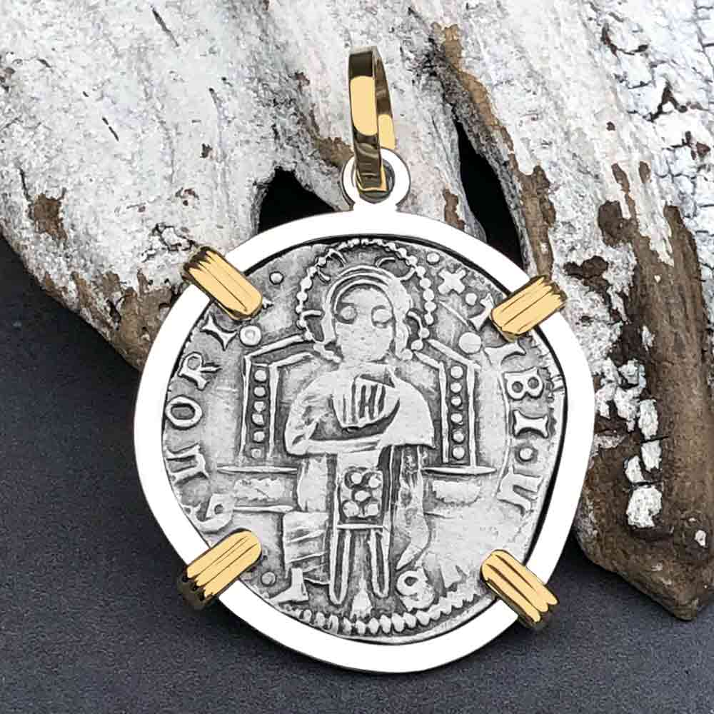 Venetian Jesus Christ Glory, Devotion &amp; Courage Silver 1390 Grosso Coin 14K Gold and Sterling Silver Pendant