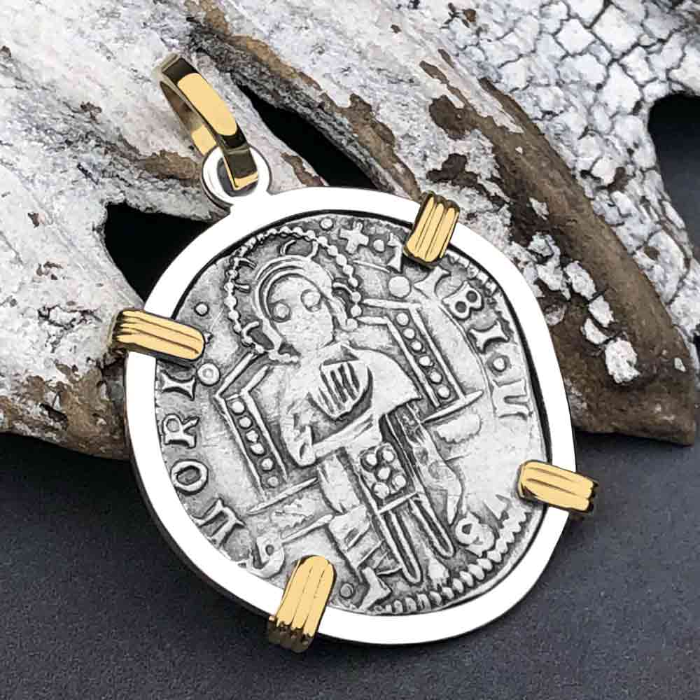 Venetian Jesus Christ Glory, Devotion &amp; Courage Silver 1390 Grosso Coin 14K Gold and Sterling Silver Pendant