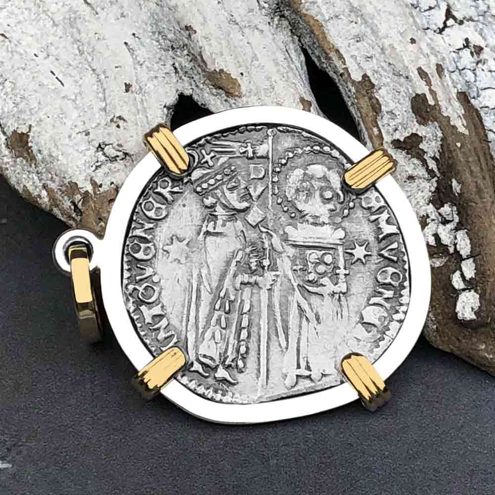 Venetian Jesus Christ Glory, Devotion &amp; Courage Silver 1390 Grosso Coin 14K Gold and Sterling Silver Pendant