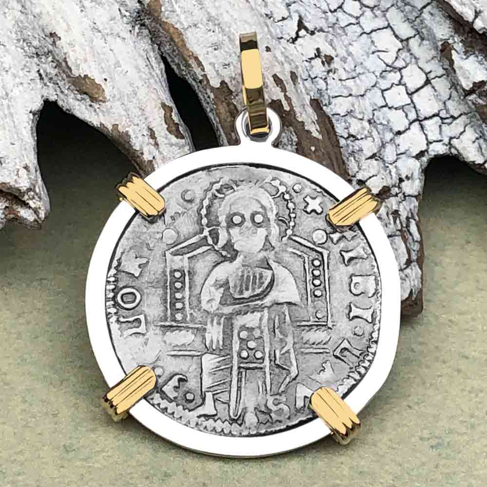 Venetian Jesus Christ Glory, Devotion &amp; Courage Silver 1390 Grosso Coin 14K Gold and Sterling Silver Pendant