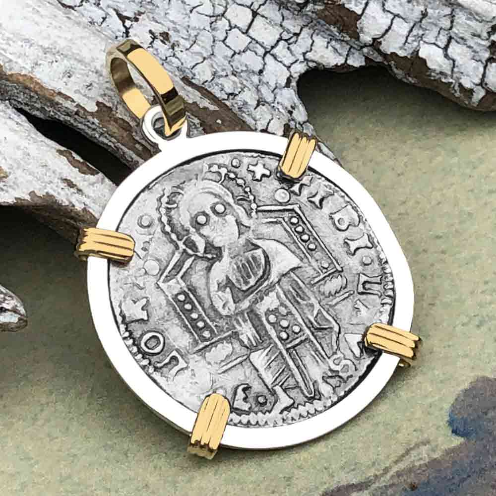 Venetian Jesus Christ Glory, Devotion &amp; Courage Silver 1390 Grosso Coin 14K Gold and Sterling Silver Pendant