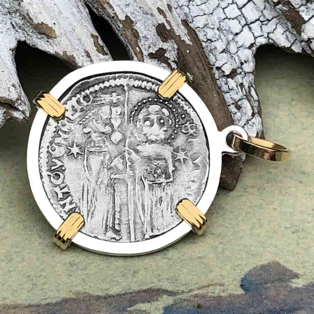 Venetian Jesus Christ Glory, Devotion &amp; Courage Silver 1390 Grosso Coin 14K Gold and Sterling Silver Pendant