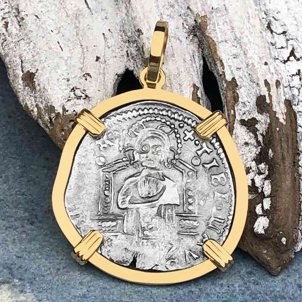 Venetian Jesus Christ Glory, Devotion &amp; Courage Silver 1390 Grosso Coin 14K Gold Pendant