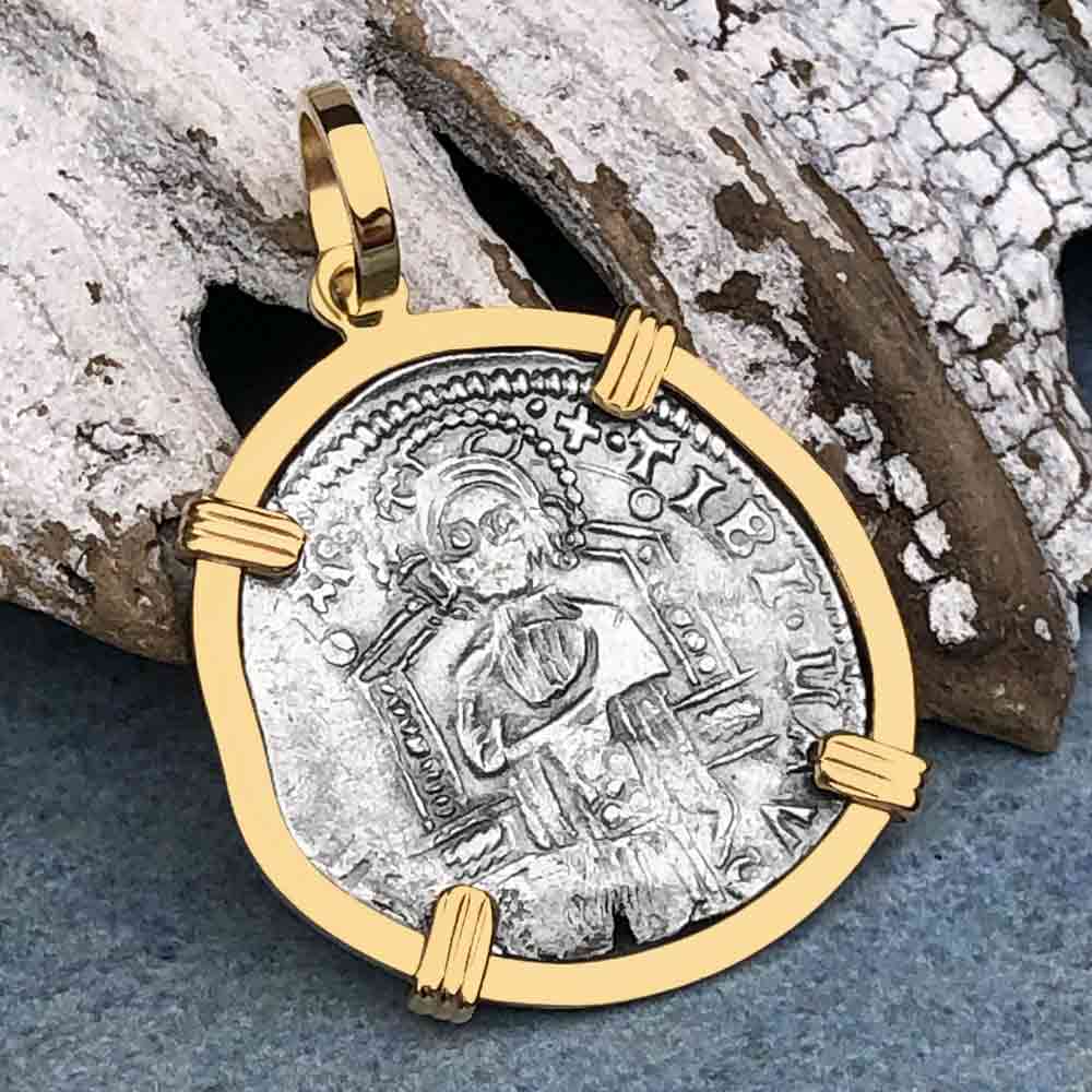 Venetian Jesus Christ Glory, Devotion &amp; Courage Silver 1390 Grosso Coin 14K Gold Pendant