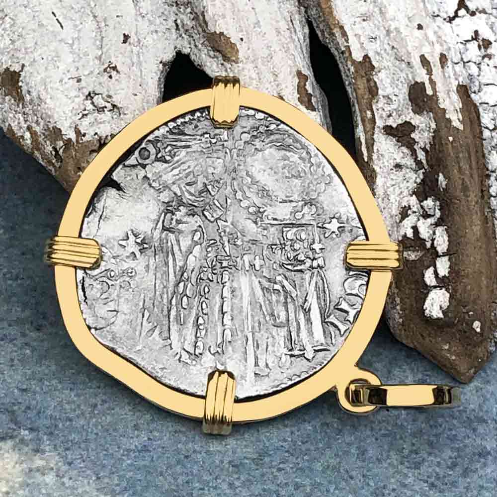 Venetian Jesus Christ Glory, Devotion &amp; Courage Silver 1390 Grosso Coin 14K Gold Pendant