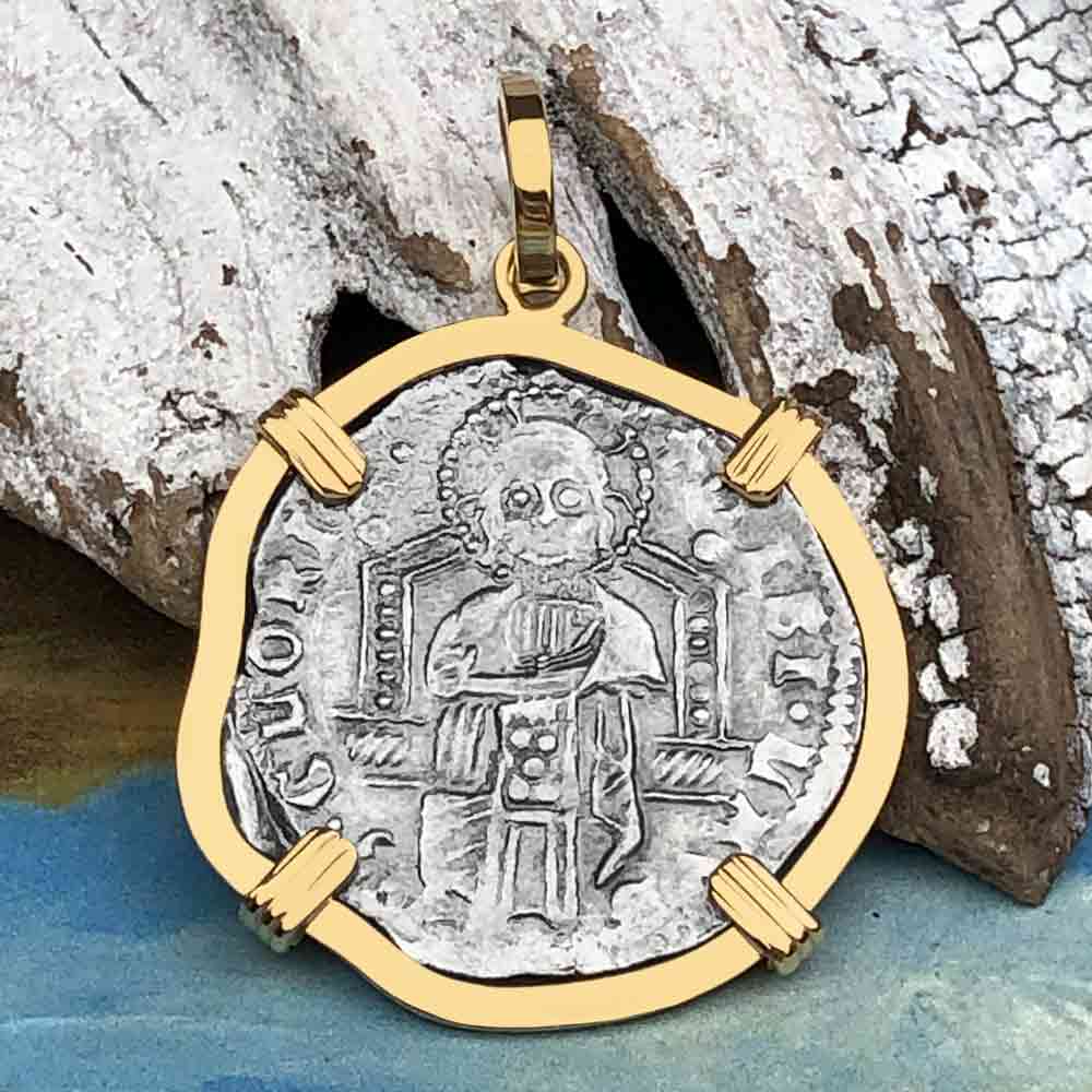 Venetian Jesus Christ Glory, Devotion &amp; Courage Silver 1390 Grosso Coin 14K Gold Pendant