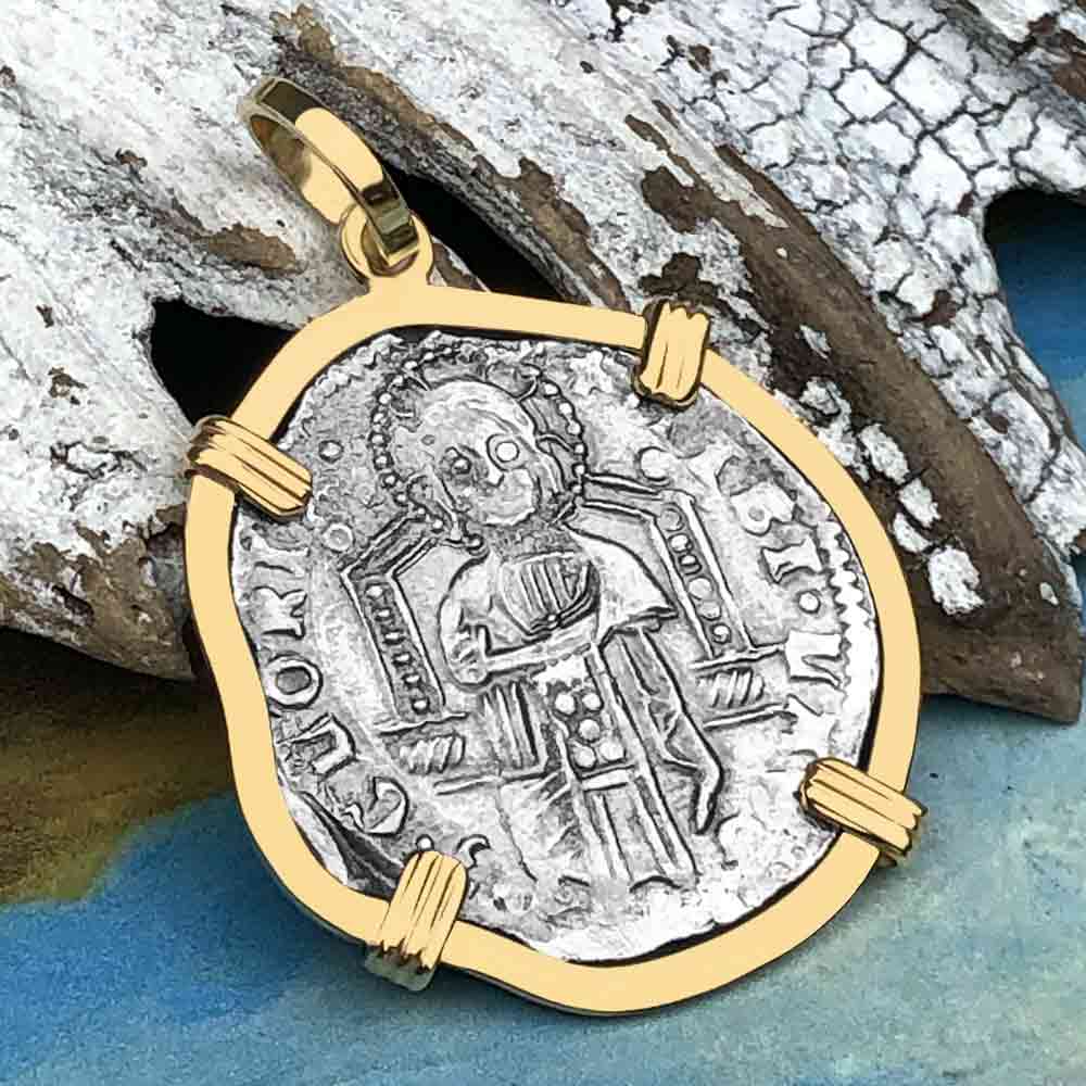 Venetian Jesus Christ Glory, Devotion &amp; Courage Silver 1390 Grosso Coin 14K Gold Pendant