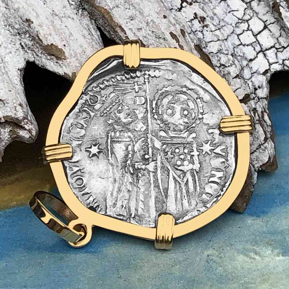 Venetian Jesus Christ Glory, Devotion &amp; Courage Silver 1390 Grosso Coin 14K Gold Pendant